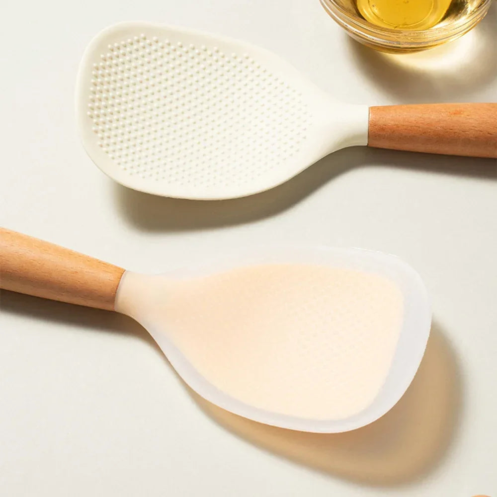 1Pc Silicone Spoon With Wooden Handle Non-stick Spatula For Pot Heat Insulation Heat Resistant Spoon For Rice Cooker For Home