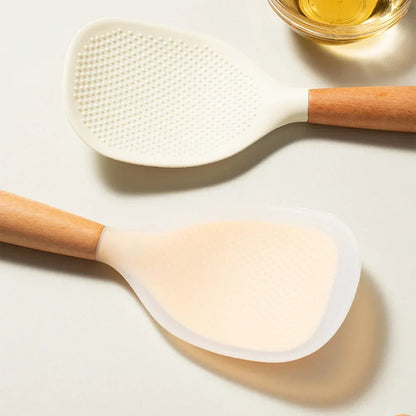1Pc Silicone Spoon With Wooden Handle Non-stick Spatula For Pot Heat Insulation Heat Resistant Spoon For Rice Cooker For Home
