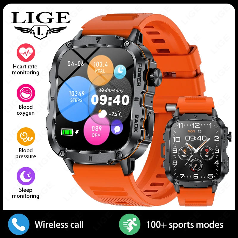 LIGE 2025 Rugged Military Smart Watch Men Outdoor Watches lP68 Waterproof 1.95" Al Voice BT Call Man Smartwatch For Android IOS