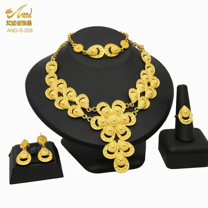ANIID Indian 24k Gold Color Flower Shape Necklace Earrings Bracelet Ring Set Elegant Bridal Wedding Jewelry Sets for Dubai Lady