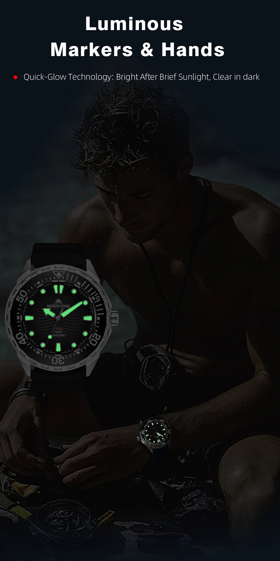 NORTH EDGE Watches for Man TRITON Solar Powered Diving Watch Quartz Wristwatch Stainless Steel Waterproof 300M Luxury Man Watch