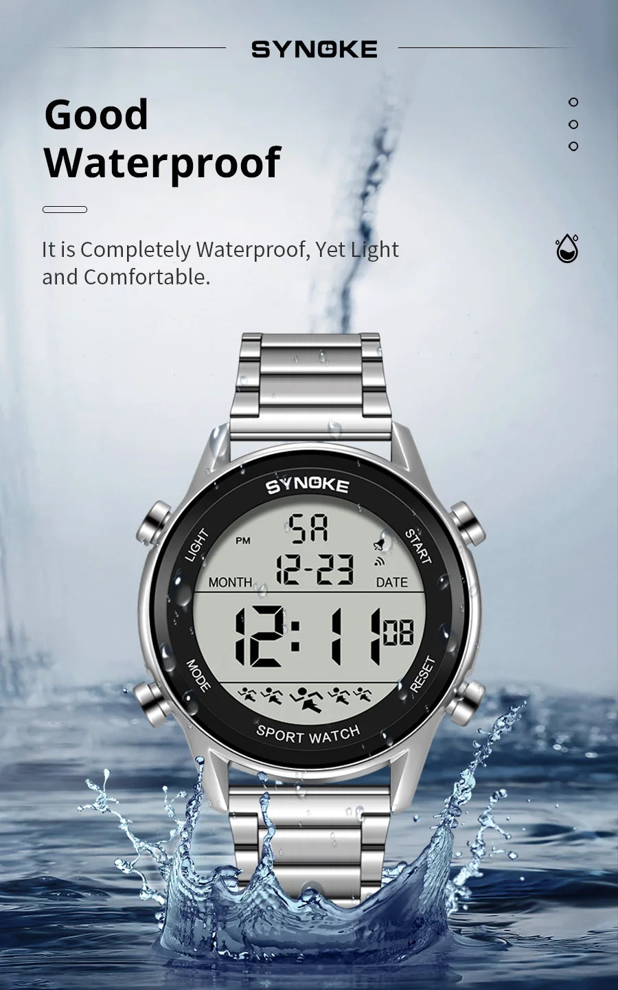 SYNOKE Top Luxury Stainless Steel Strap Sport Watches Mens Waterproof Back Light Digital Wristwatch Male Alarm