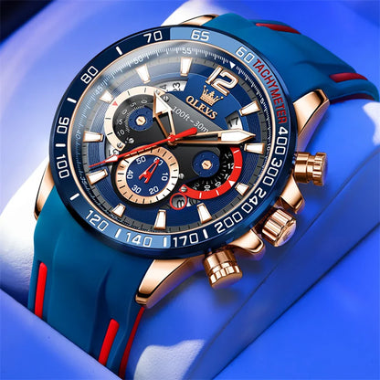 OLEVS Watch For Men High Quality Luminous Date Military Sport Quartz Men's Wristwatch Blue Rubber Strap Reloj Hombre