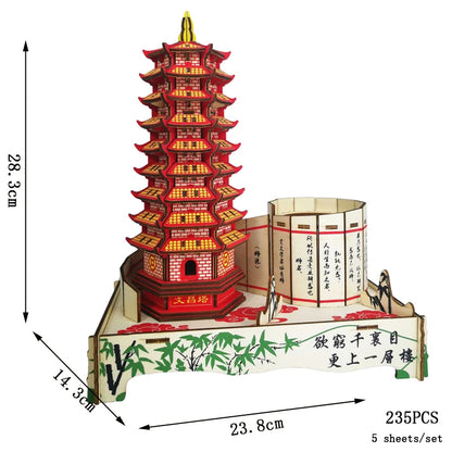 DIY 3D Jigsaw Leifeng Pagoda Wooden Puzzle Wenchang Tower Building Model Game Assembly Constructor Toys For Children Gift