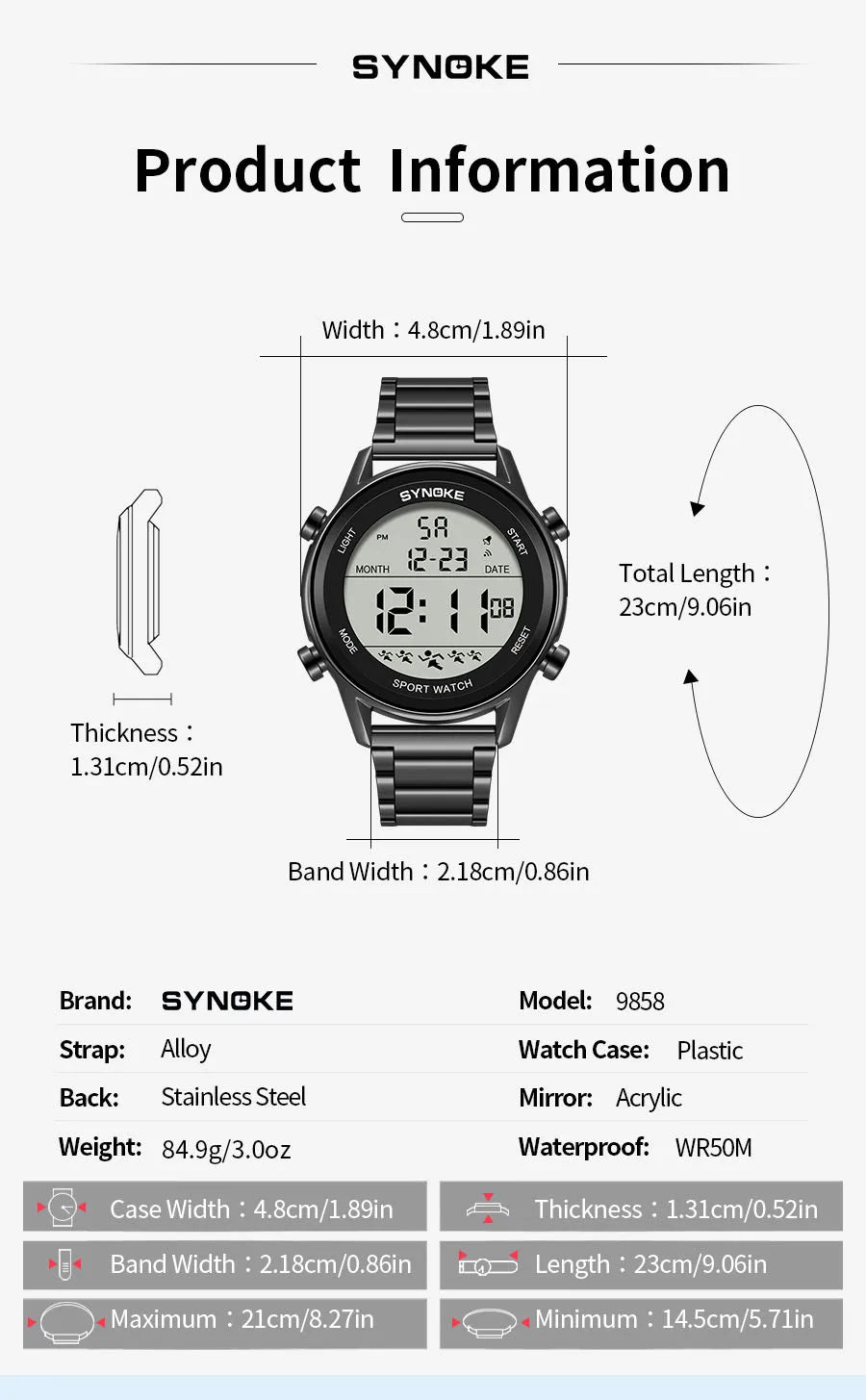 SYNOKE Top Luxury Stainless Steel Strap Sport Watches Mens Waterproof Back Light Digital Wristwatch Male Alarm