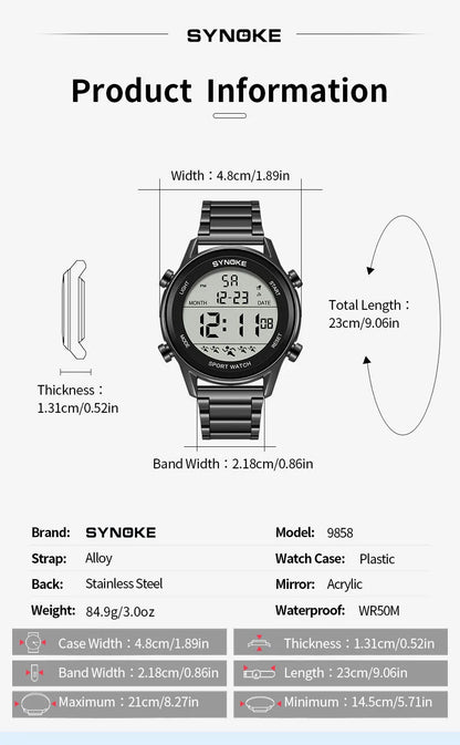 SYNOKE Top Luxury Stainless Steel Strap Sport Watches Mens Waterproof Back Light Digital Wristwatch Male Alarm