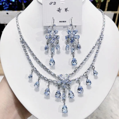 Multicolor Waterdrop Tassel Zirconia Necklace Earrings Women New Silver Color Bridal Wedding Fashion Jewelry Set Party Gifts