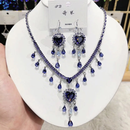 Multicolor Waterdrop Tassel Zirconia Necklace Earrings Women New Silver Color Bridal Wedding Fashion Jewelry Set Party Gifts