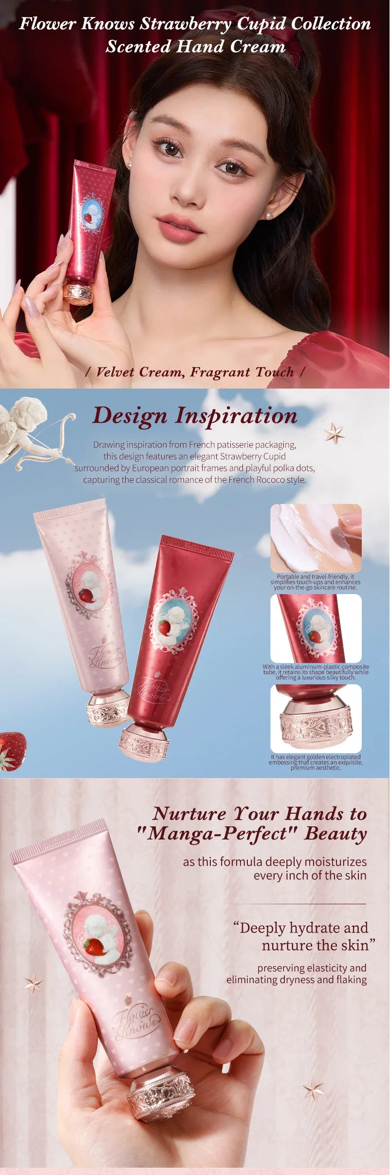 Flower Knows Strawberry Cupid Scented Hand Cream Moisturising & Nourishing Skin Care Lotions For Women Whitening Cream 50ml