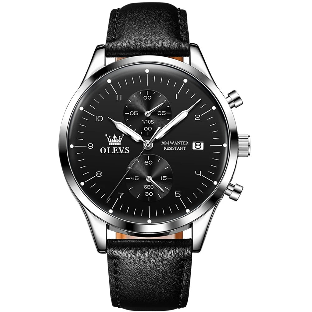 OLEVS 2880 Quartz Business Watch Gift Round-dial Genuine Leather Watchband Wristwatch Calendar Luminous
