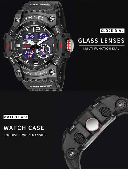 SMAEL Sport Watch Military Wristwatch for Men Alarm Stopwatch LED Digital Back Light Dual Time Display Waterproof Watch Men 8007