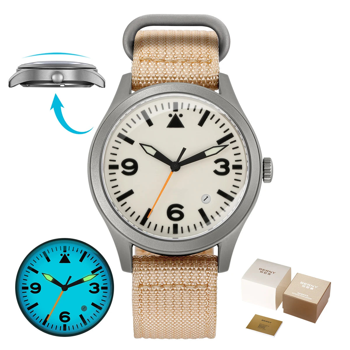 BERNY Pilot Titanium Automatic Watch for Men Sapphire AR Coated 10Bar Supper Luminous Men Wristwatch Sports Aviation Men Watches