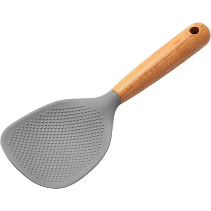 1Pc Silicone Spoon With Wooden Handle Non-stick Spatula For Pot Heat Insulation Heat Resistant Spoon For Rice Cooker For Home