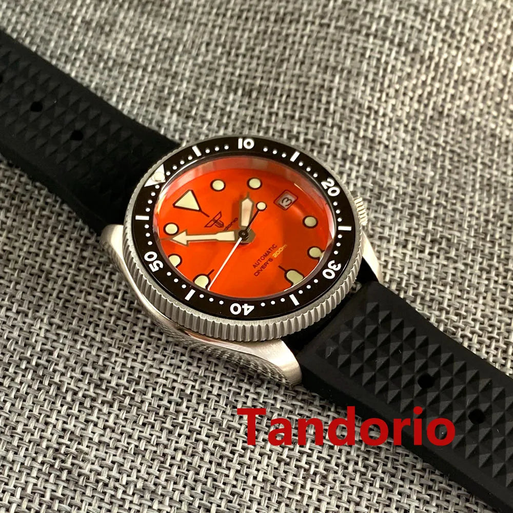 37mm 200M Diving NH35A Ceramic Bezel 120 Click Sapphire Glass Luminous Auto Orange Dial Men Watch 3.8 Crown