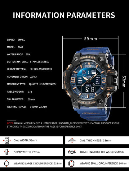 SMAEL 8049 Watch Sport LED Light Alarm Clock Dual Time Display WaterproofWeek Auto Date Wristwatches Quartz