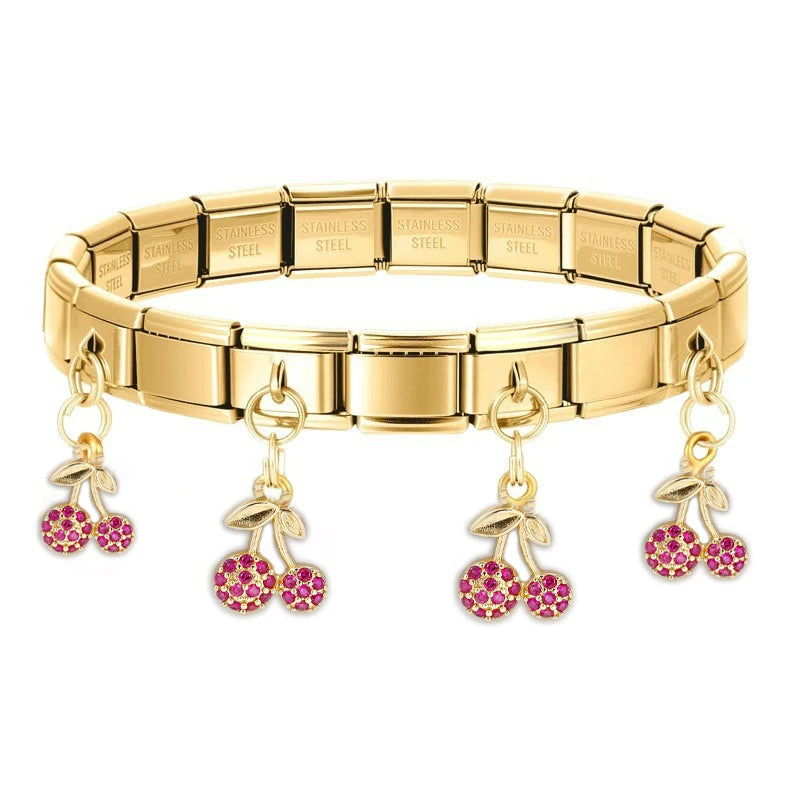 Geometric Square Stainless Steel Elastic Strap Bangle Bracelets for Women Strawberry Cherry Pendant Bracelets Hand Jewelry Gift