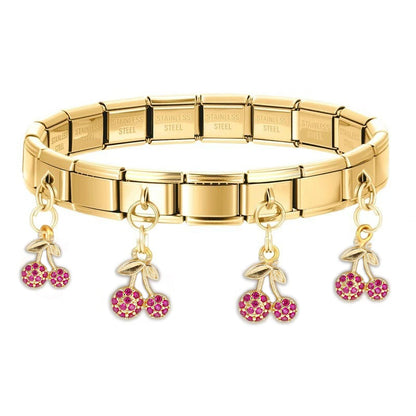 Geometric Square Stainless Steel Elastic Strap Bangle Bracelets for Women Strawberry Cherry Pendant Bracelets Hand Jewelry Gift