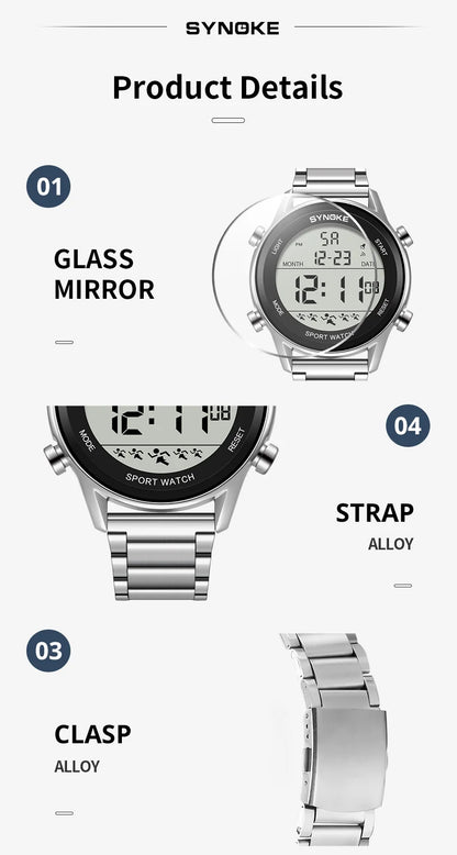 SYNOKE Top Luxury Stainless Steel Strap Sport Watches Mens Waterproof Back Light Digital Wristwatch Male Alarm