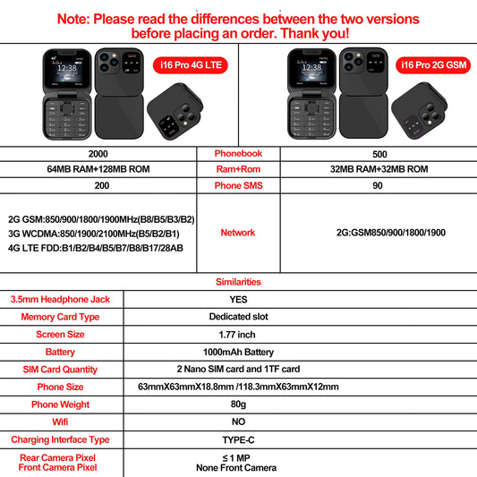 SERVO i16 Pro 2G GSM/4G LTE Network Small Flip Mobile Phone 2 SIM Standby Call Recording Speed Dial 1.77" Mini Folding Cellphone