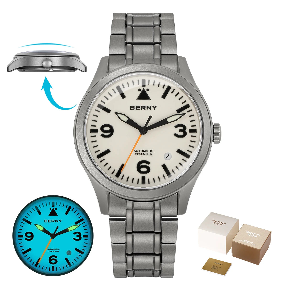 BERNY Pilot Titanium Automatic Watch for Men Sapphire AR Coated 10Bar Supper Luminous Men Wristwatch Sports Aviation Men Watches