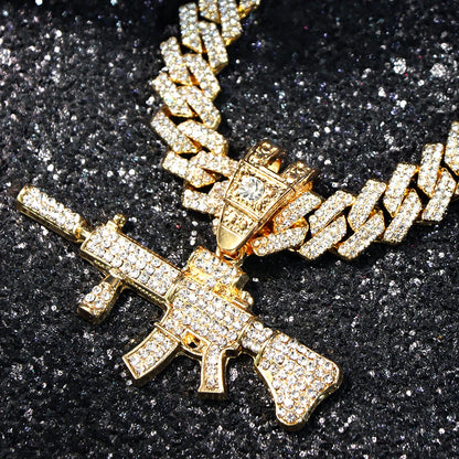 Men Women 14MM Cuban Chain AK47 Gun Pendant Necklace Iced Out AAA Rhinestone Prong Miami Cuban Link Chain Hip Hop Jewelry Gifts