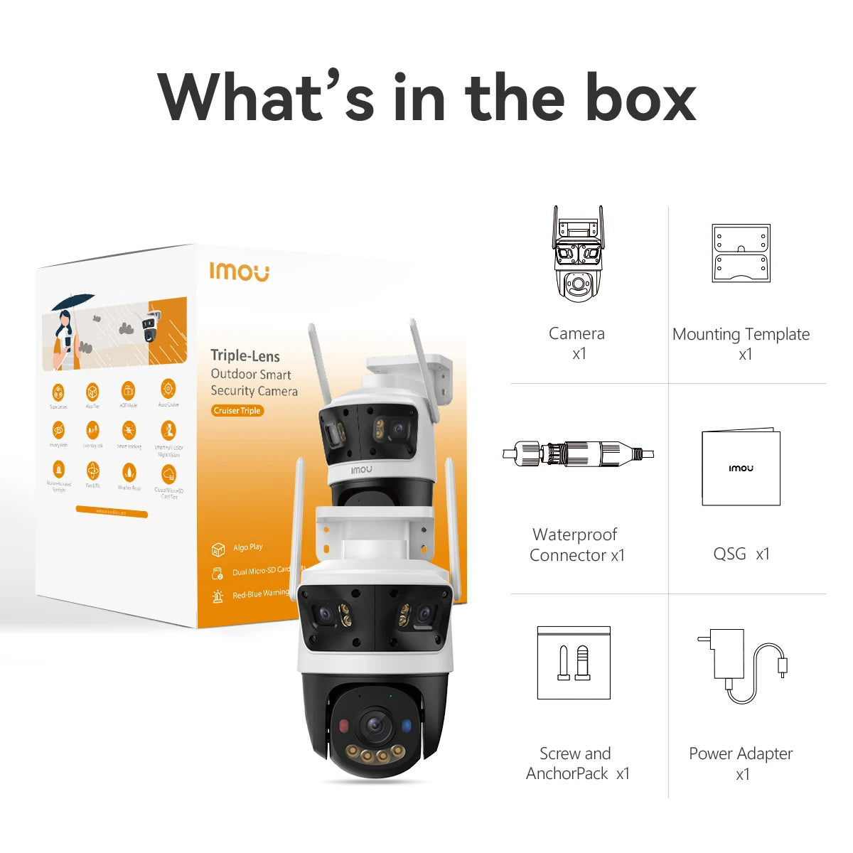 IMOU Cruiser Triple Lens  Outdoor Camera 2 Red-Bule Warning Light PTZ WiFi Camera Vehicle & Human Detection Surveillance Monitor