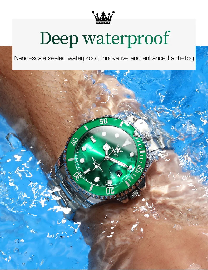OLEVS 5885 Men's Watches Business Stainless Steel Strap Green Quartz Watch Waterproof Calendar Luminous High Quality Wristwatch