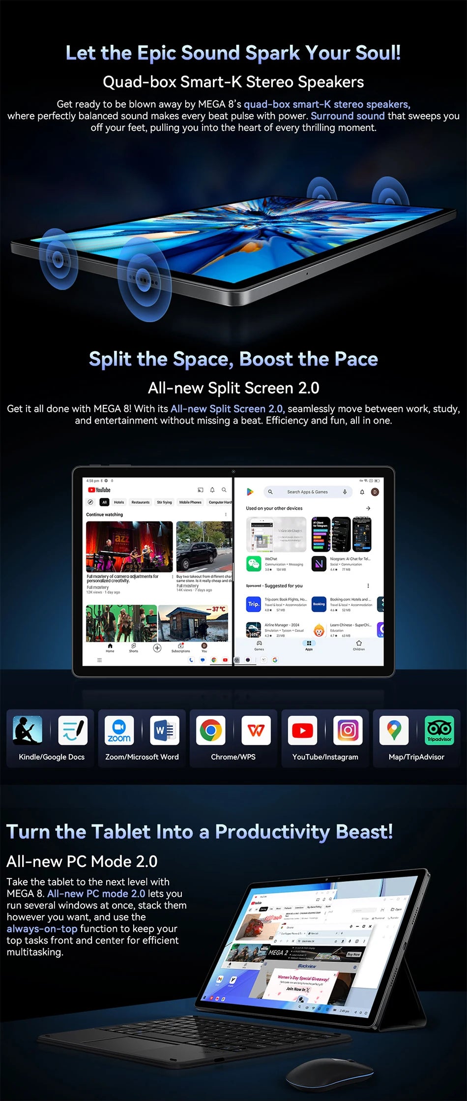 【World premiere】Blackview MEGA 8 Tablet 13 inch FHD+ 90Hz Display AI 11000mAh  Android 15 50Mp Camera 4 BOX Speakers 4G Pad PC