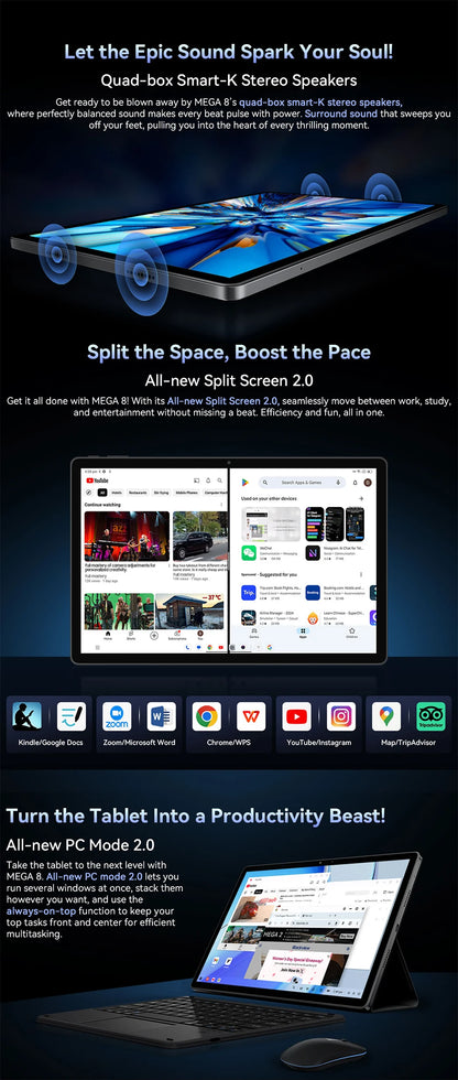 【World premiere】Blackview MEGA 8 Tablet 13 inch FHD+ 90Hz Display AI 11000mAh  Android 15 50Mp Camera 4 BOX Speakers 4G Pad PC