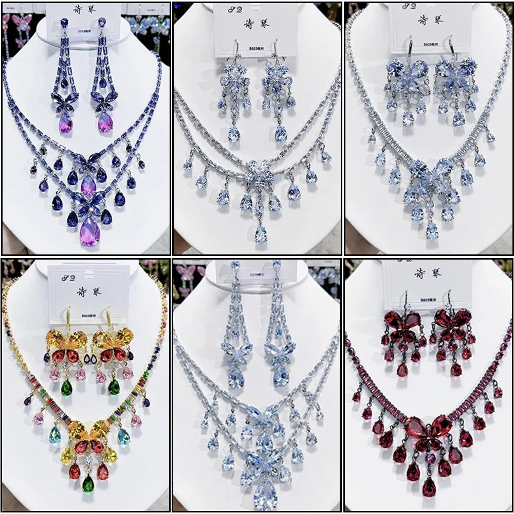 Multicolor Waterdrop Tassel Zirconia Necklace Earrings Women New Silver Color Bridal Wedding Fashion Jewelry Set Party Gifts