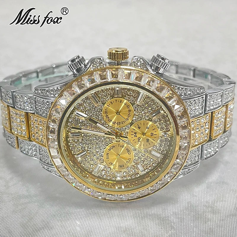 2022 Luxury Brand MISSFOX Gold Hip Hop Watches Men Fashion Rainbow Diamond Waterproof Smart Watch Full Steel Sports Clocks Male