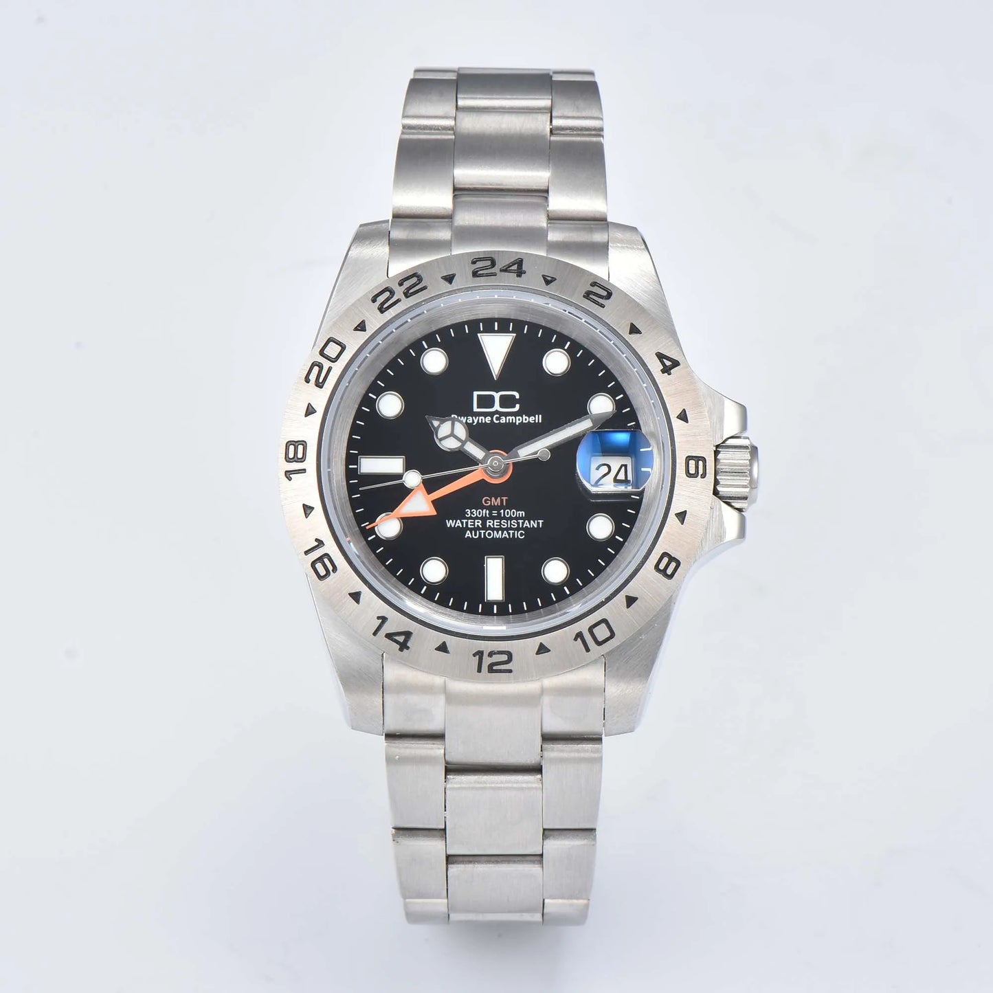 Dwayne Campbell Mater II NH34AA GMT Mechanical Men Watch Orange Hand White black Dial  Band Waterproof Wristwatch 24 Hours Bezel