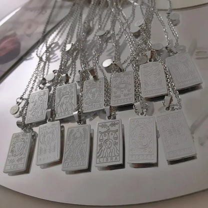 Stainless Steel Geometric Pendant Horoscope 12 Constellations Necklace for Women Zodiac Sign Necklaces Collar Gift for Her