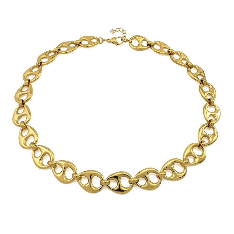 Stainless Steel Oval Button Links Pendant Necklace Choker Gold Color Statement Necklace 15mm Wide Fashion Modern Party Jewelry