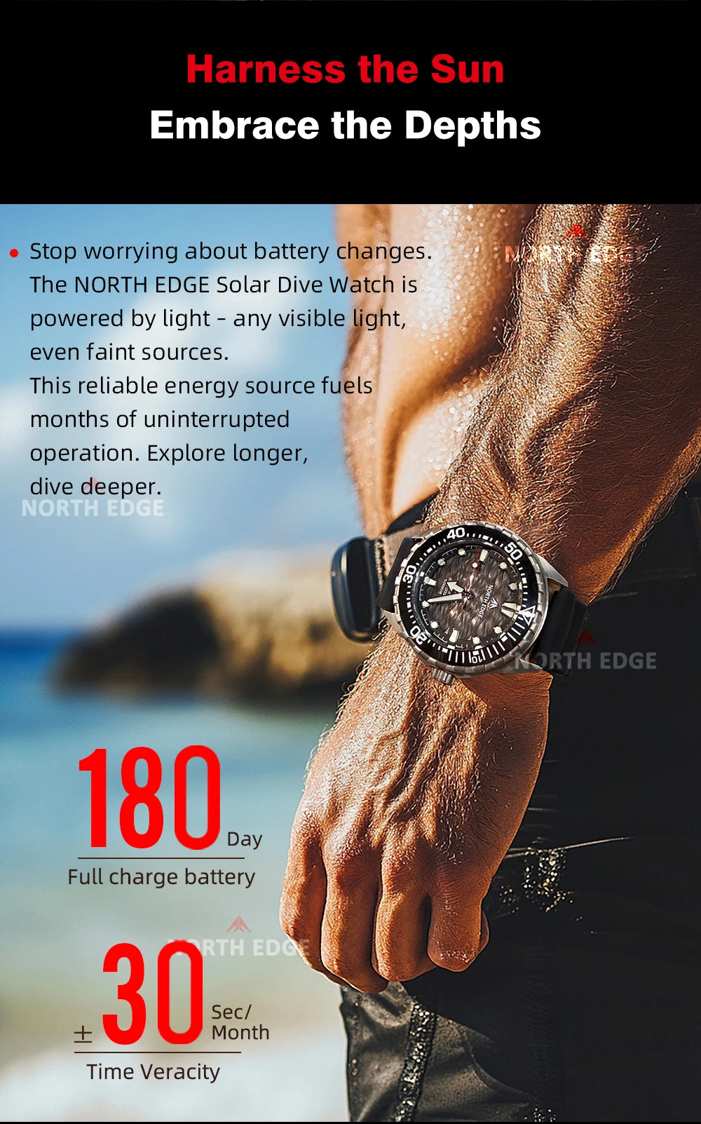 NORTH EDGE TRITON-TI Titanium Solar Diving Watch – 300M Waterproof, 180-Day Power Reserve