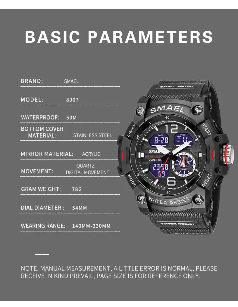 SMAEL 8007 Military Sport Watch – LED Digital Dual Time, Waterproof Men's Wristwatch