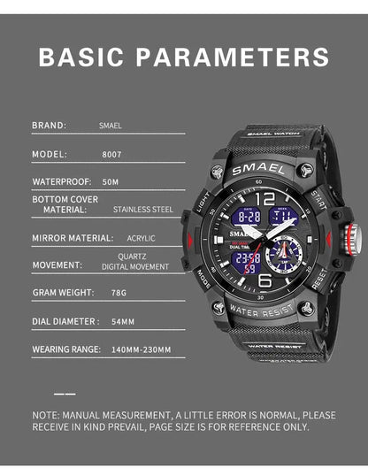 SMAEL Sport Watch Military Wristwatch for Men Alarm Stopwatch LED Digital Back Light Dual Time Display Waterproof Watch Men 8007