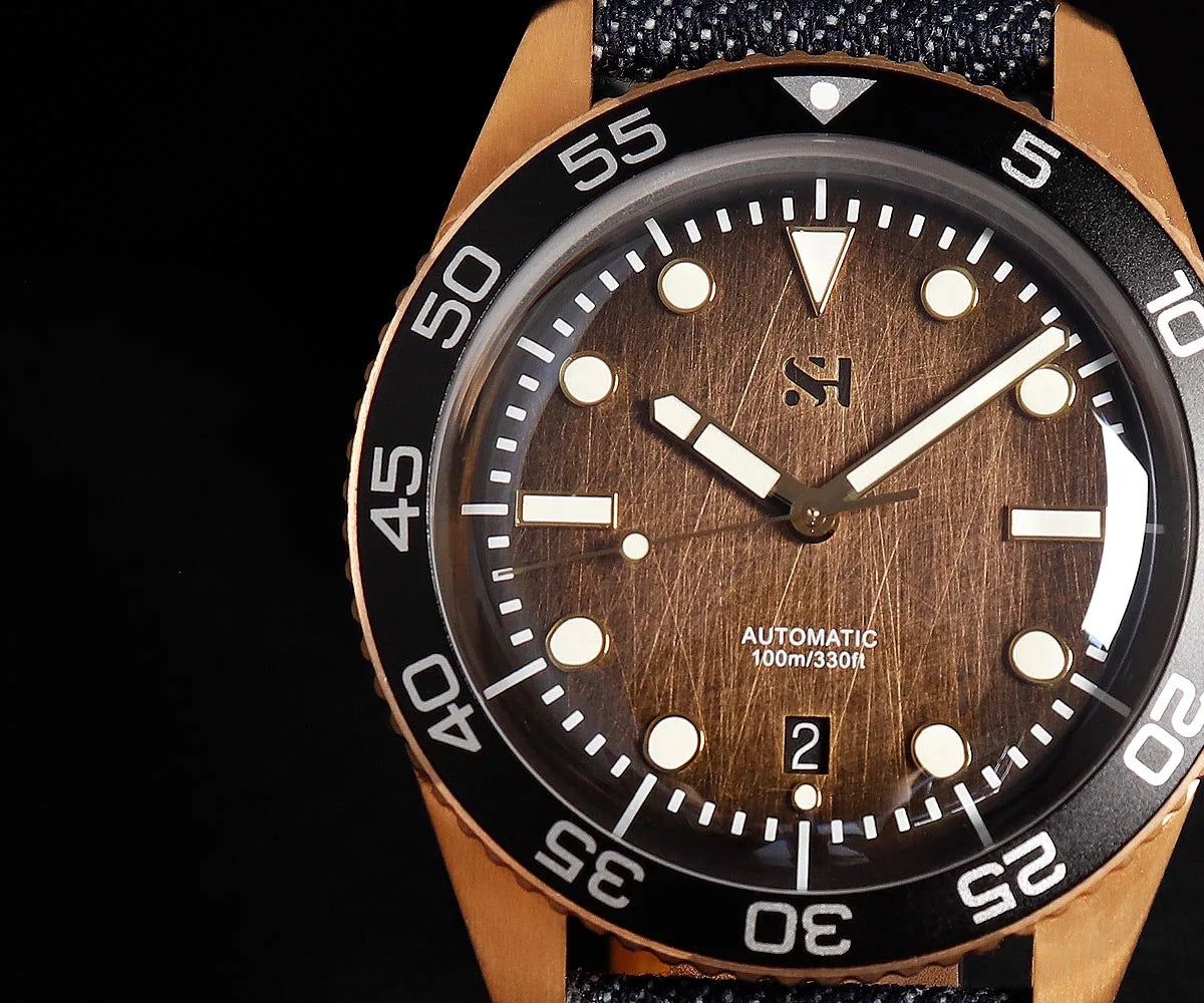 SH Bronze Watches Business Simple Men Mechanical Watch Horween Leather Strap Unique Denim Relojes Luminous 100m Waterproof CUSN6