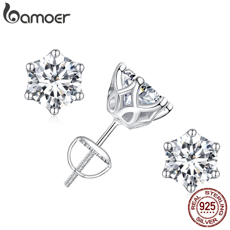BAMOER Classic Moissanite Stud Earrings, S925 Silver 6 Prongs D Color Round Cut Lab Created Diamond Wedding 18k Gold Earrings