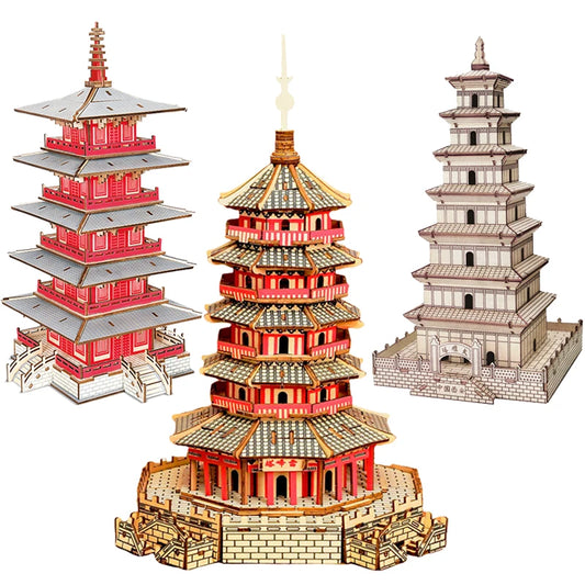DIY 3D Jigsaw Leifeng Pagoda Wooden Puzzle Wenchang Tower Building Model Game Assembly Constructor Toys For Children Gift