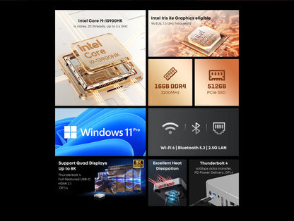 CHUWI AuBox Mini PC i9-13900HK 14 Cores 32GB DDR4 1TB SSD 16GB DDR5 512 SSD Windows 11 Pro WiFi 6 BT 5.2 Extend M.2 1T*2 Desktop
