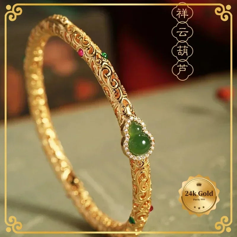 24k AU999 Yellow Gold Auspicious Clouds Gourd Bracelet Women's Antique Open Luxury Retro Fashion Minimalism