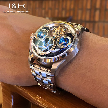 IDEAL KNIGHT 6808 Original Mechanical Watch For Men Top Brand 43mm Big Dial Flywheel Skeleton Hand Clock Business Man Watch Set