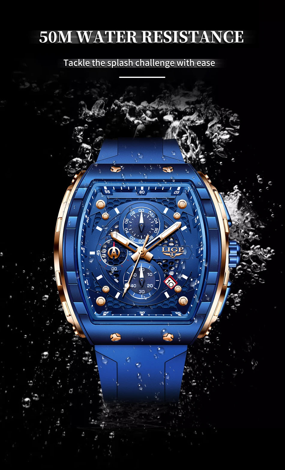 LIGE Top Brand Luxury Square Quartz Watches for Men Fashion Casual Sport 50M Waterproof Man Watch Auto Date Military Chronograph