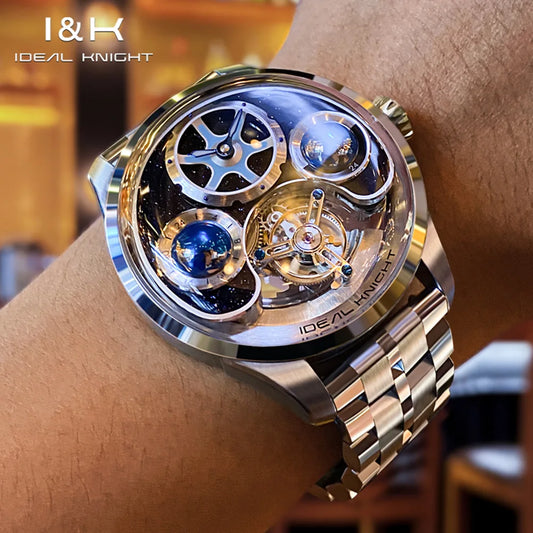 IDEAL KNIGHT 6808 Original Mechanical Watch For Men Top Brand 43mm Big Dial Flywheel Skeleton Hand Clock Business Man Watch Set