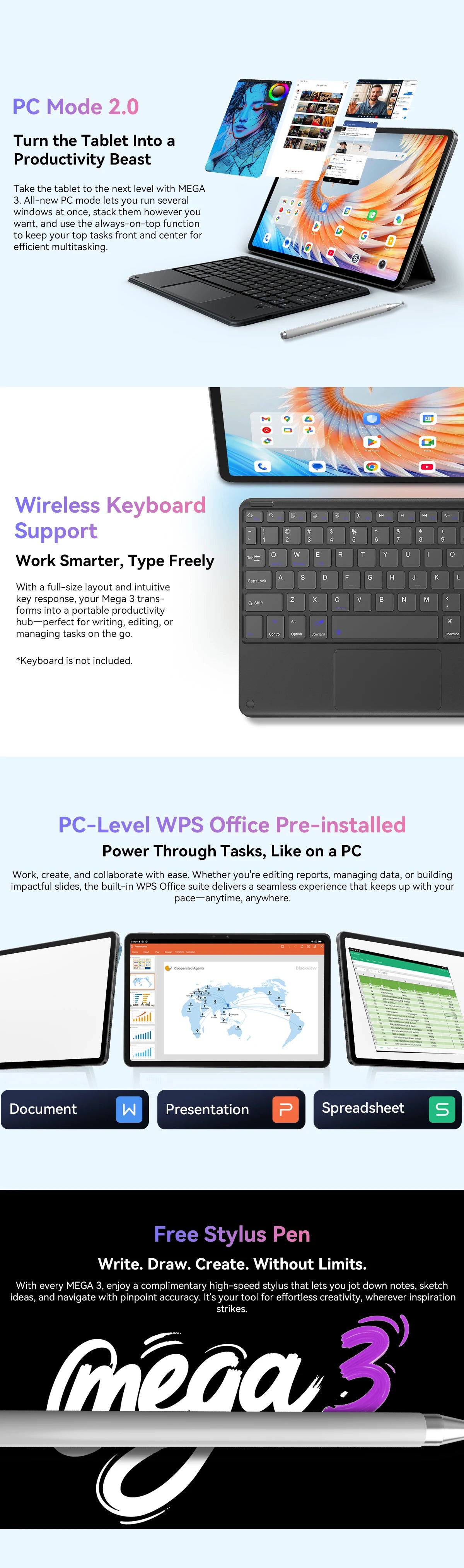 Blackview MEGA 3 Tablet - 12.1" 2.5K 90Hz Display Android 15 12GB 256GB 50MP Camera 8800mAh 33W Fast Charging