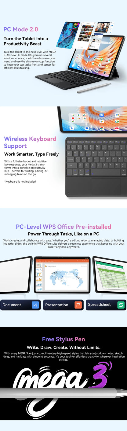 Blackview MEGA 3 Tablet - 12.1" 2.5K 90Hz Display Android 15 12GB 256GB 50MP Camera 8800mAh 33W Fast Charging