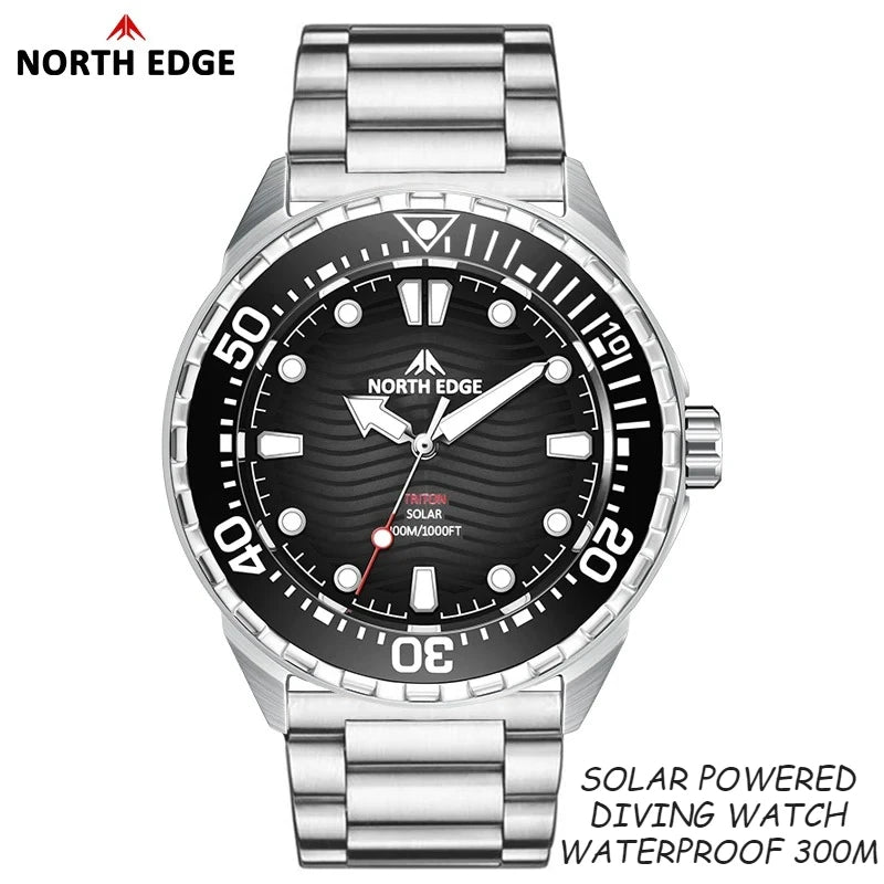 NORTH EDGE Watches for Man TRITON Solar Powered Diving Watch Quartz Wristwatch Stainless Steel Waterproof 300M Luxury Man Watch