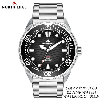 NORTH EDGE Watches for Man TRITON Solar Powered Diving Watch Quartz Wristwatch Stainless Steel Waterproof 300M Luxury Man Watch