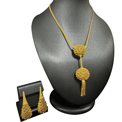 Dubai Fashion Women's Flower Sweater Long Necklace 24K Gold-Plated Middle Eastern Luxury Flower Earrings Copper Jewelry Two-Piec